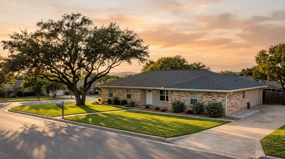 Brick ranch home with a shingle roof on a tree-lined street in Copperas Cove