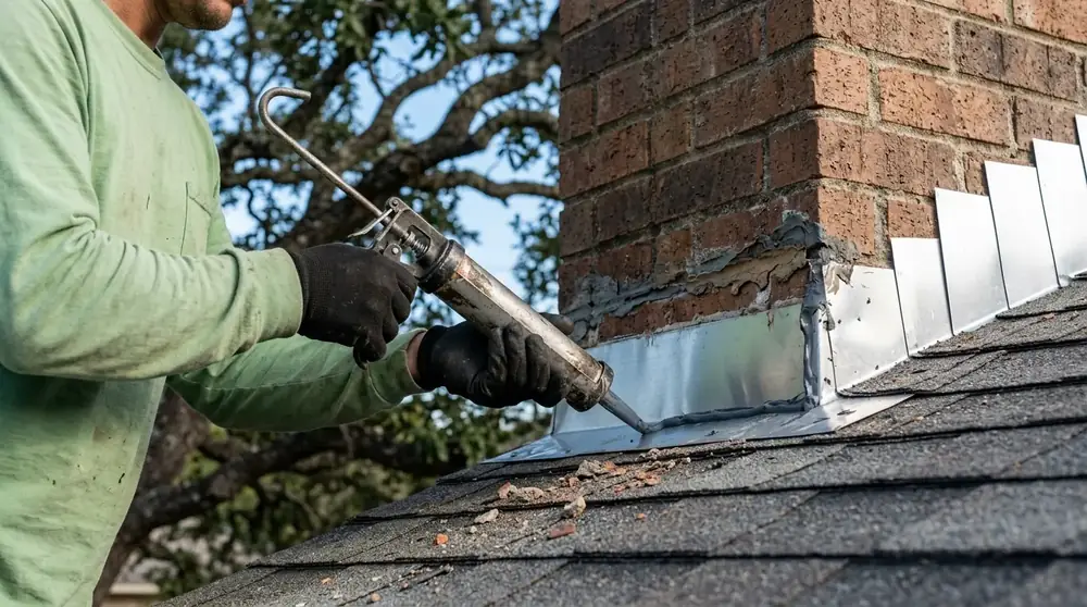 Roofer sealing new metal flashing around a brick chimney
