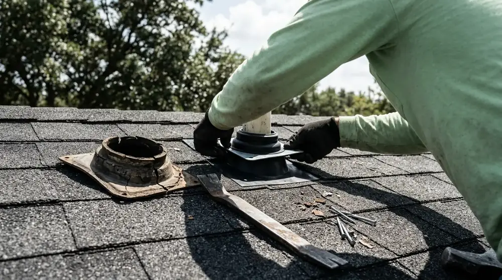 Roofer repairing a cracked pipe boot around a plumbing vent